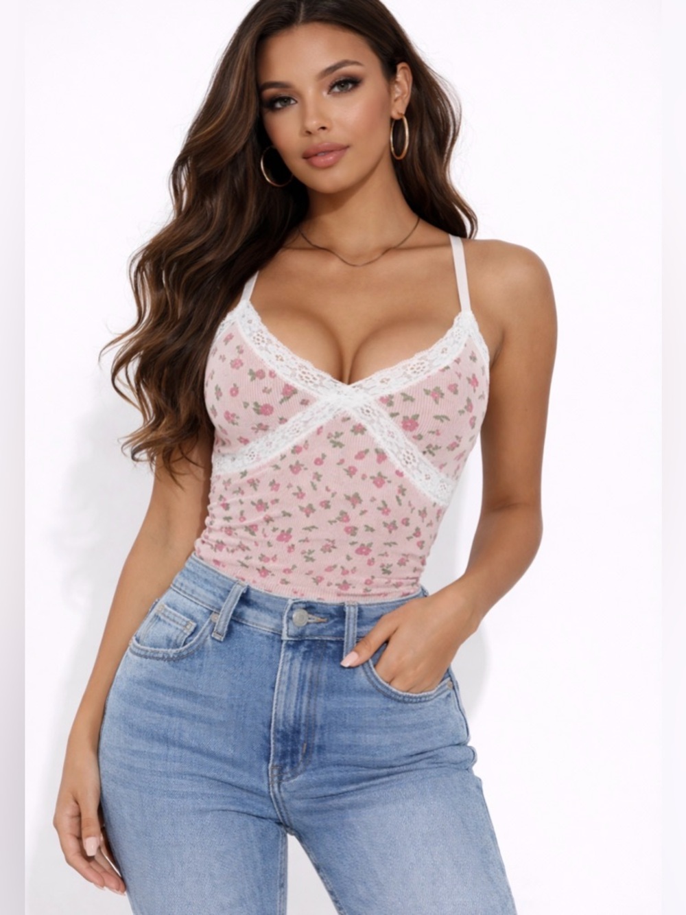 Pink Floral Lace Cami Top